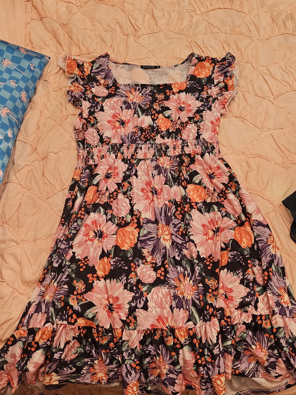 Woman's Floral Smocked Waist Dress - Pink & Orange on Black